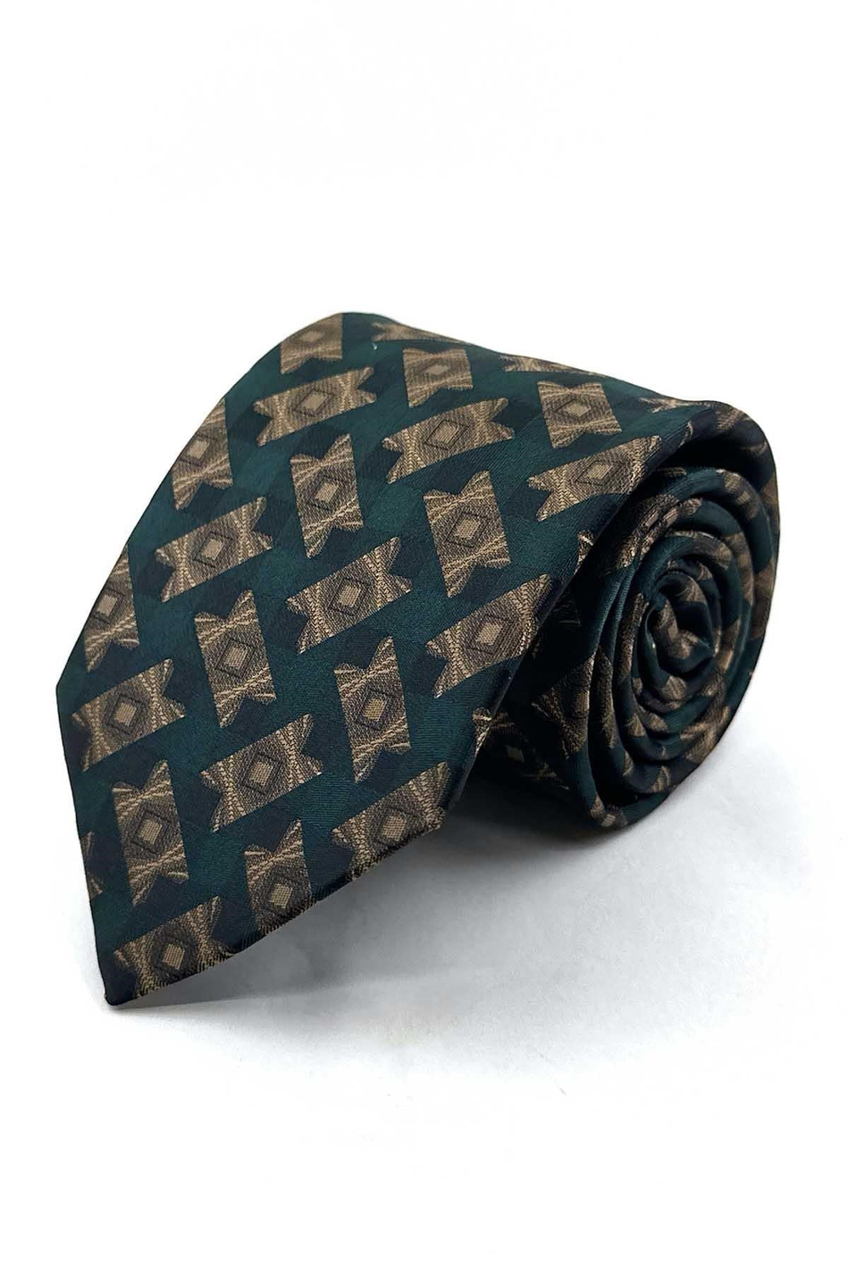 Yeşil Bej Motif Desen Mendilli Klasik Kravat KK13936