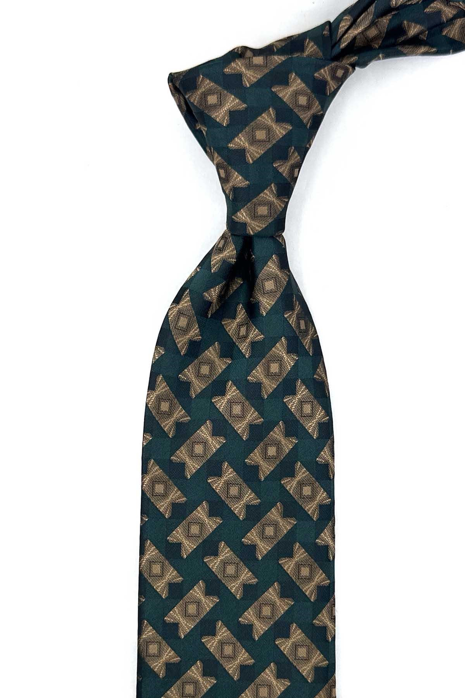 Yeşil Bej Motif Desen Mendilli Klasik Kravat KK13936