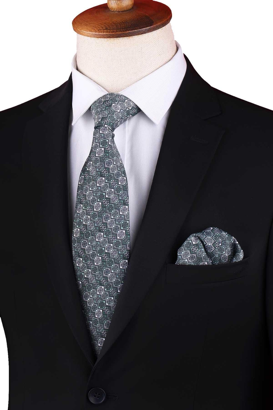 Yeşil - Beyaz Motif Desen Baskılı Klasik Mendilli Kravat KK13337