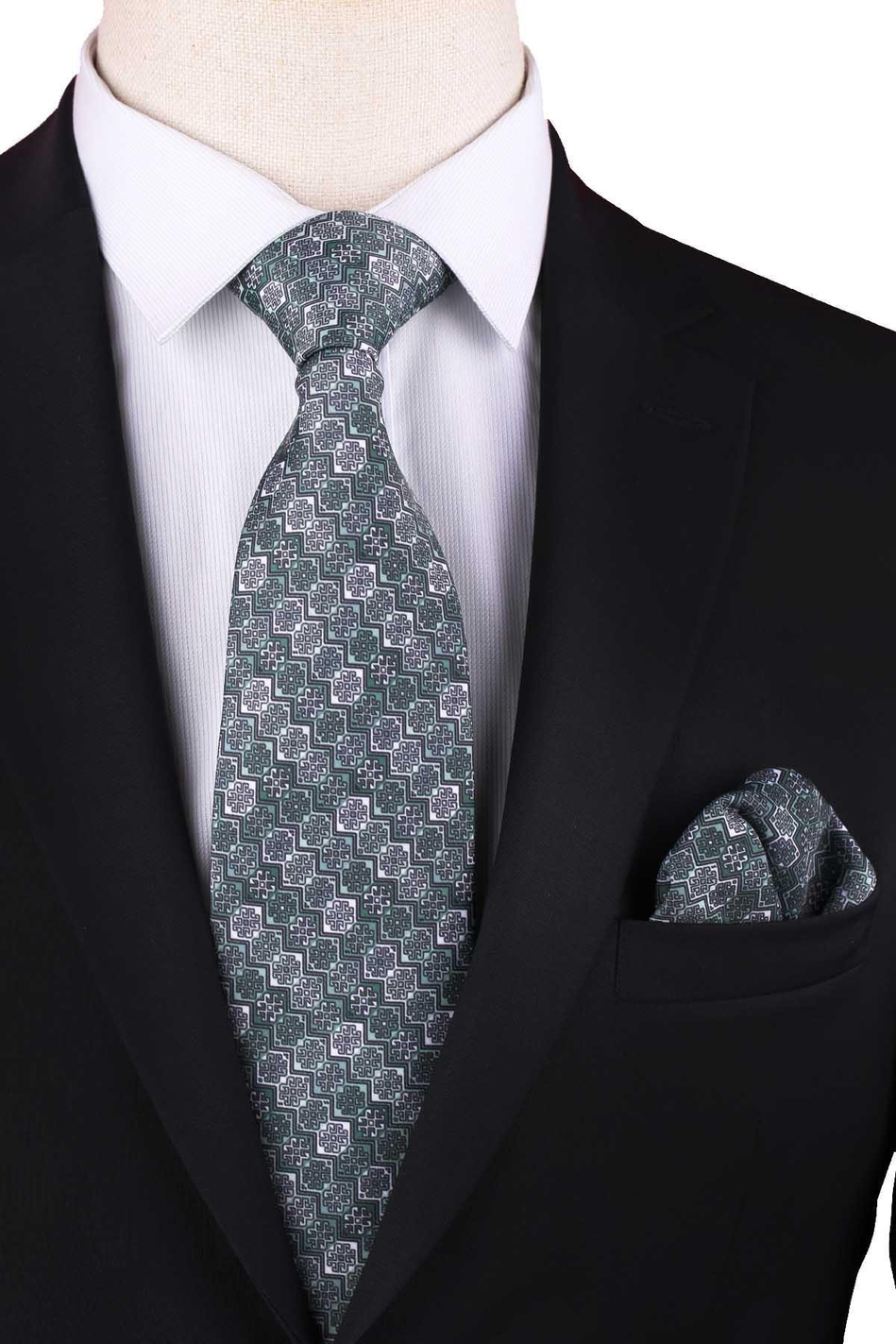 Yeşil - Beyaz Motif Desen Baskılı Klasik Mendilli Kravat KK13337