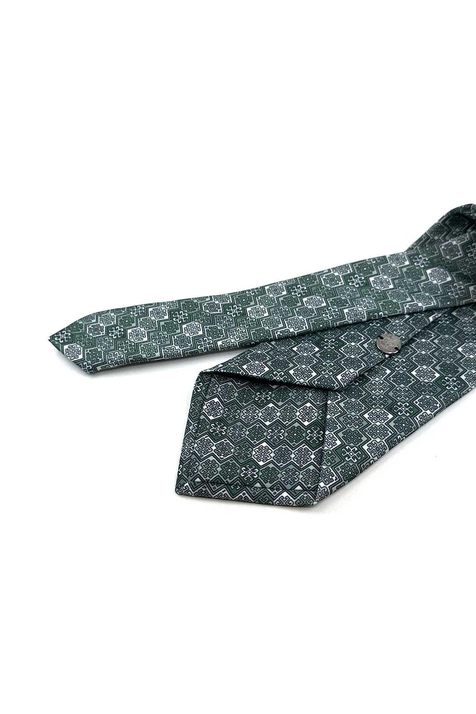 Yeşil - Beyaz Motif Desen Baskılı Klasik Mendilli Kravat KK13337