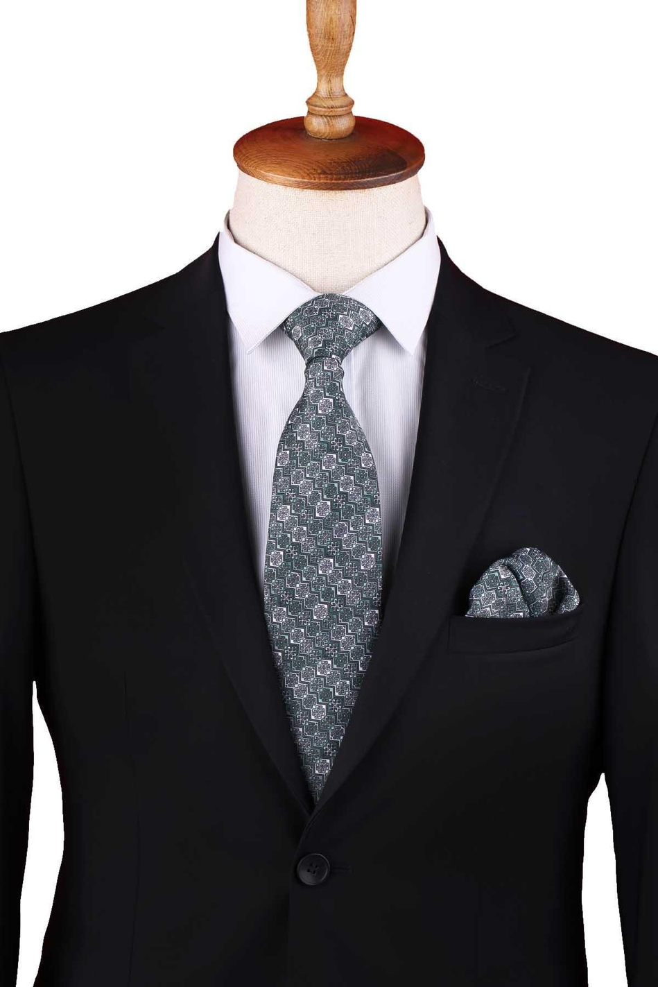 Yeşil - Beyaz Motif Desen Baskılı Klasik Mendilli Kravat KK13337