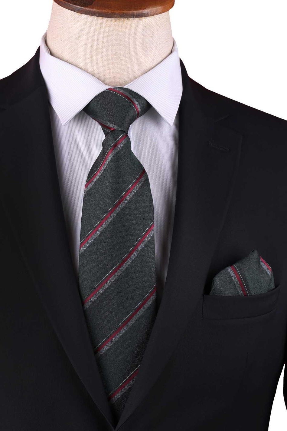 Yeşil Çizgi Desen Mendilli Klasik Kravat KK12916