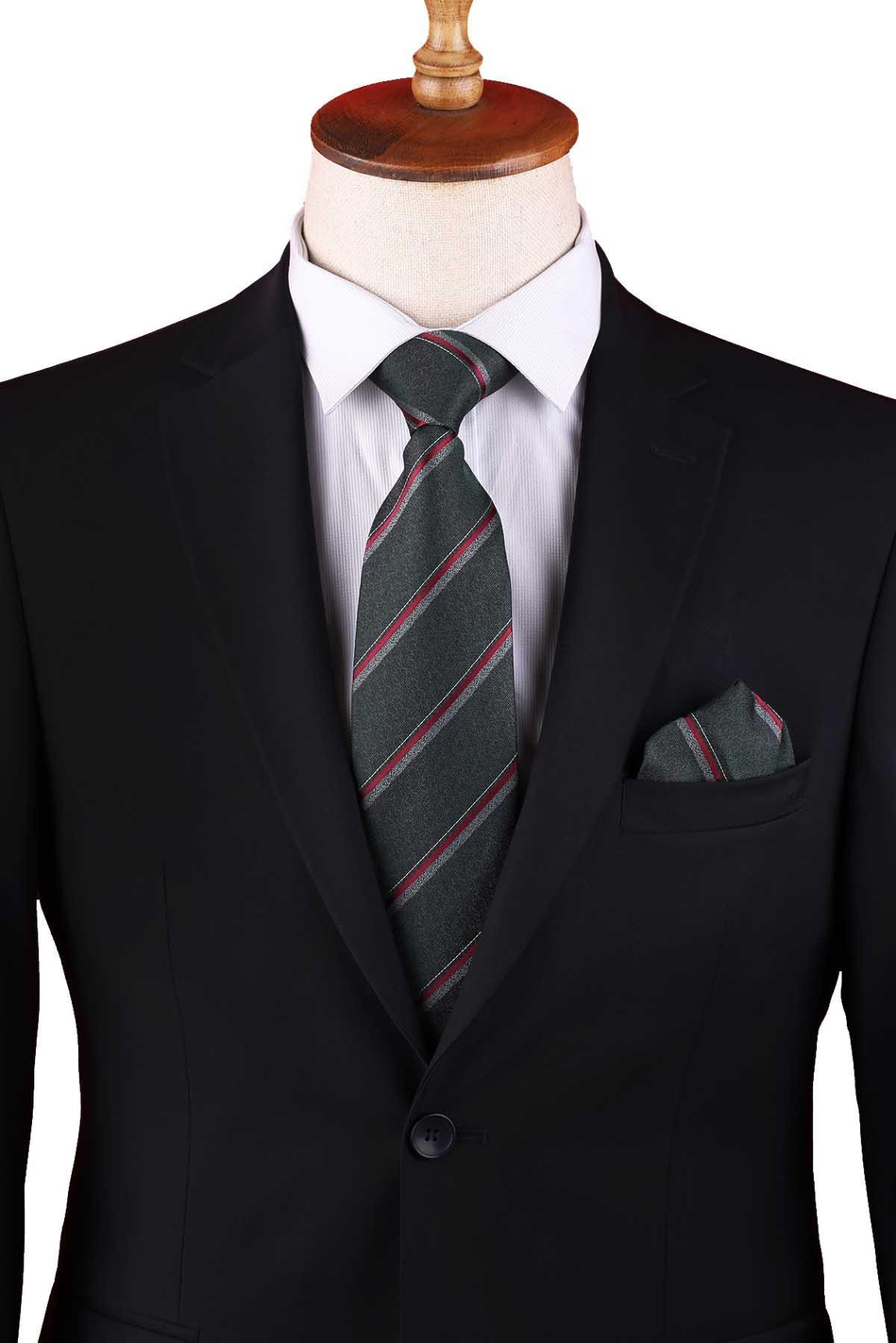 Yeşil Çizgi Desen Mendilli Klasik Kravat KK12916