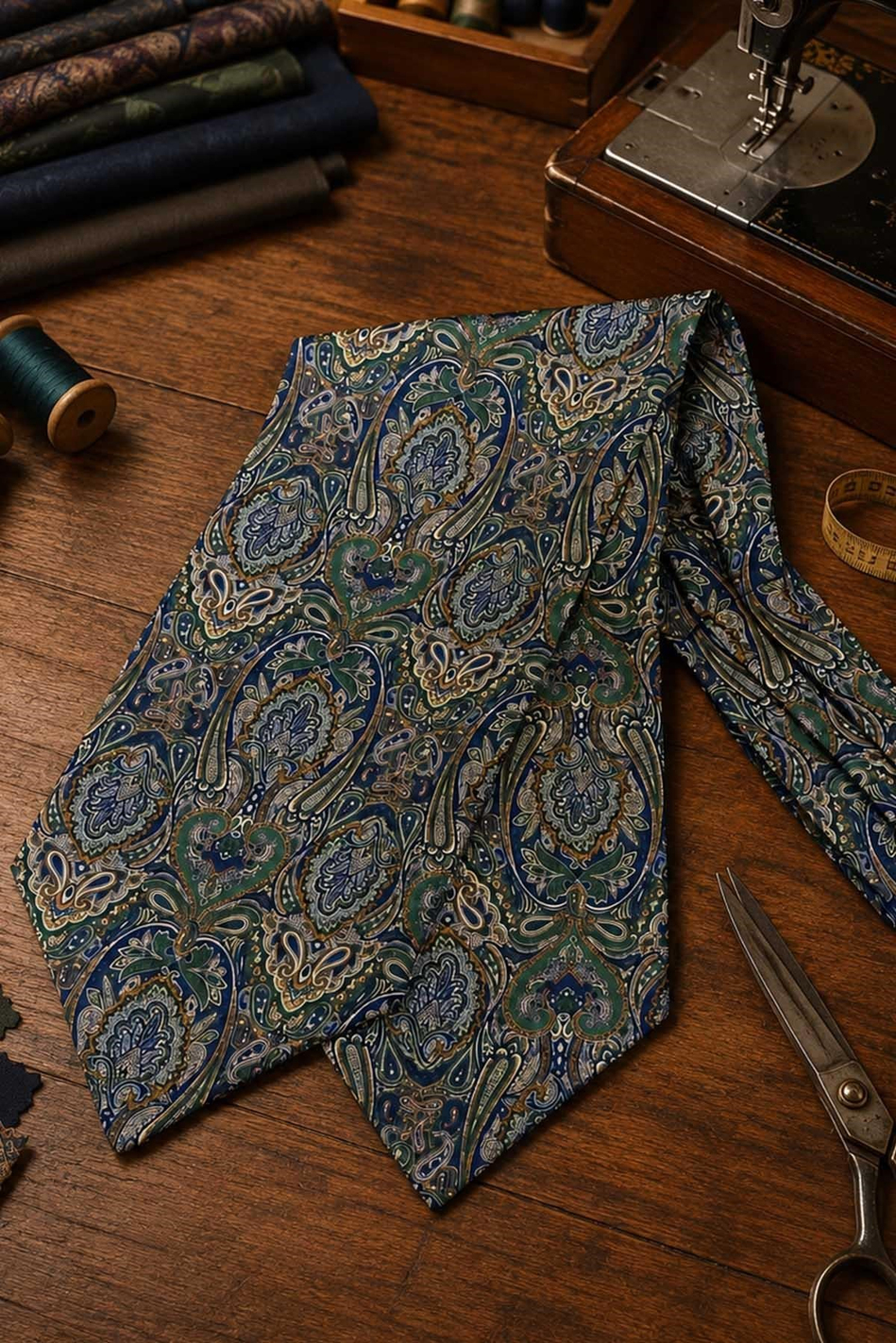 Yeşil Çok Renkli Şal Desen İtalyan İpek Ascot Kravat SAC134