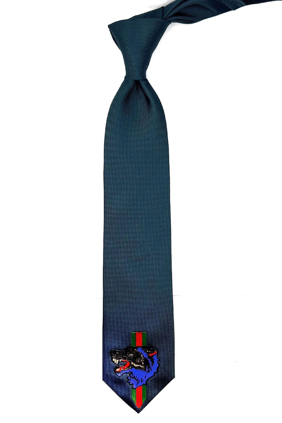 Yeşil Düz Kurt Arma Baskılı Kravat KK11702