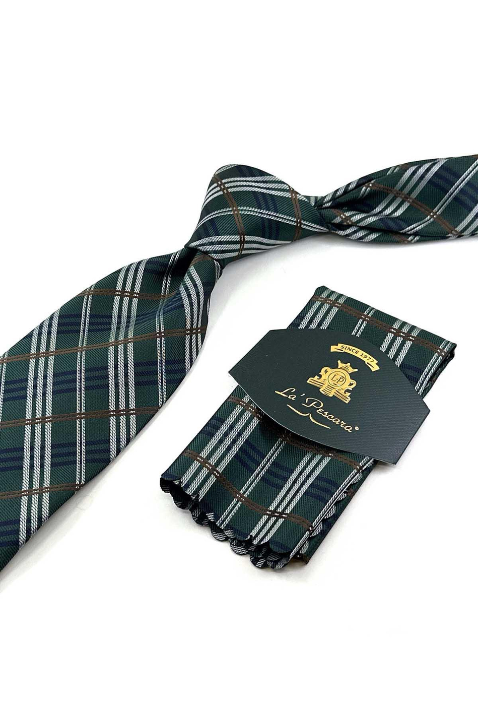 Yeşil Ekose Desen Mendilli Klasik Kravat KK13198