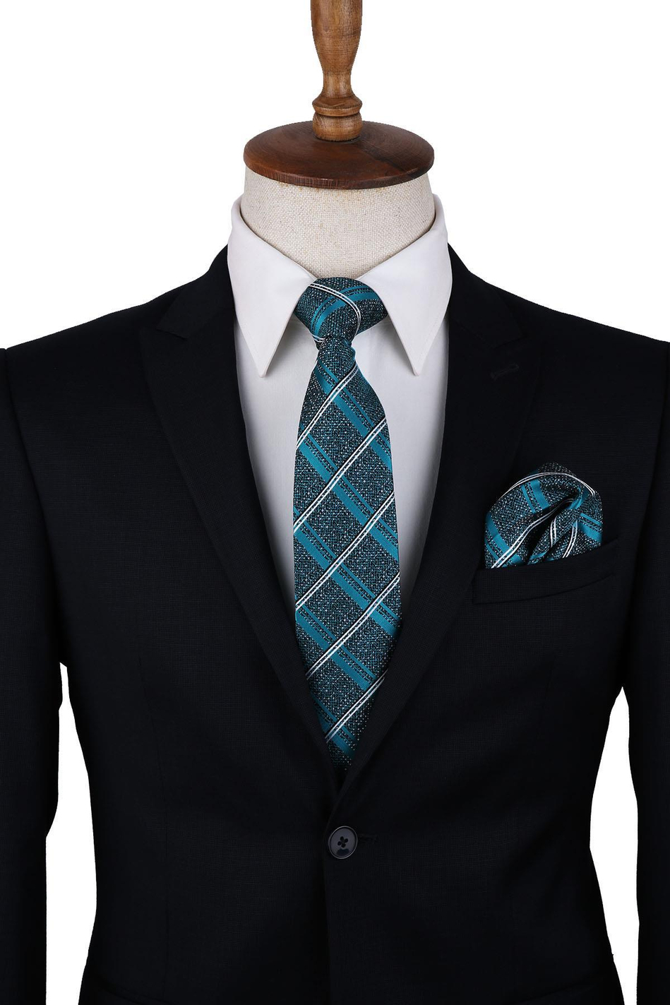 Yeşil Ekose Desen Mendilli Klasik Kravat KK10120