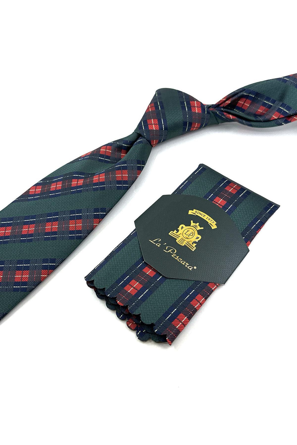 Yeşil Ekose Desen Mendilli Klasik Kravat KK11983