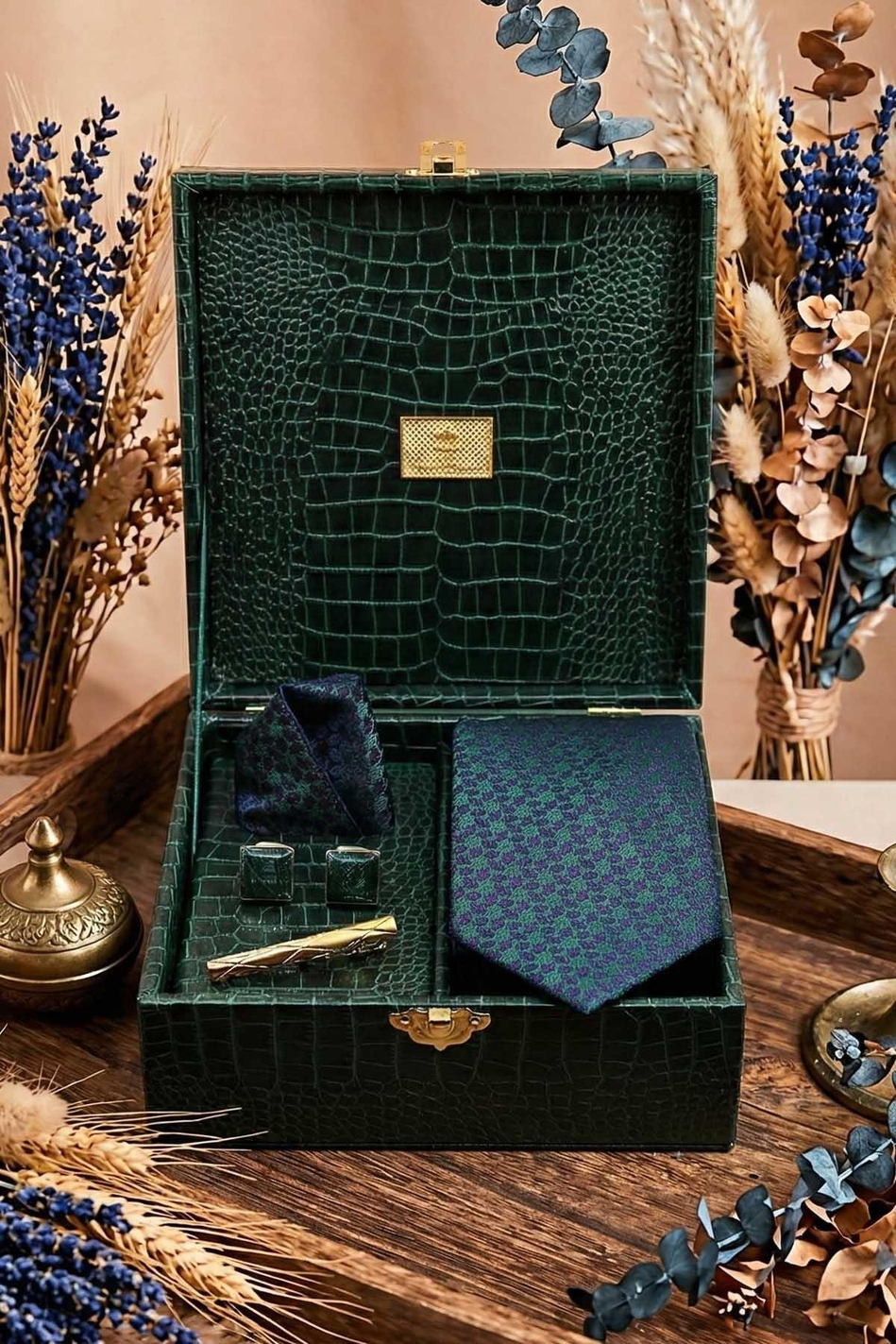 Yeşil Erkek Hediye Kutusu - Mendilli Kravat Kol Düğmesi Kravat İğnesi KMK88