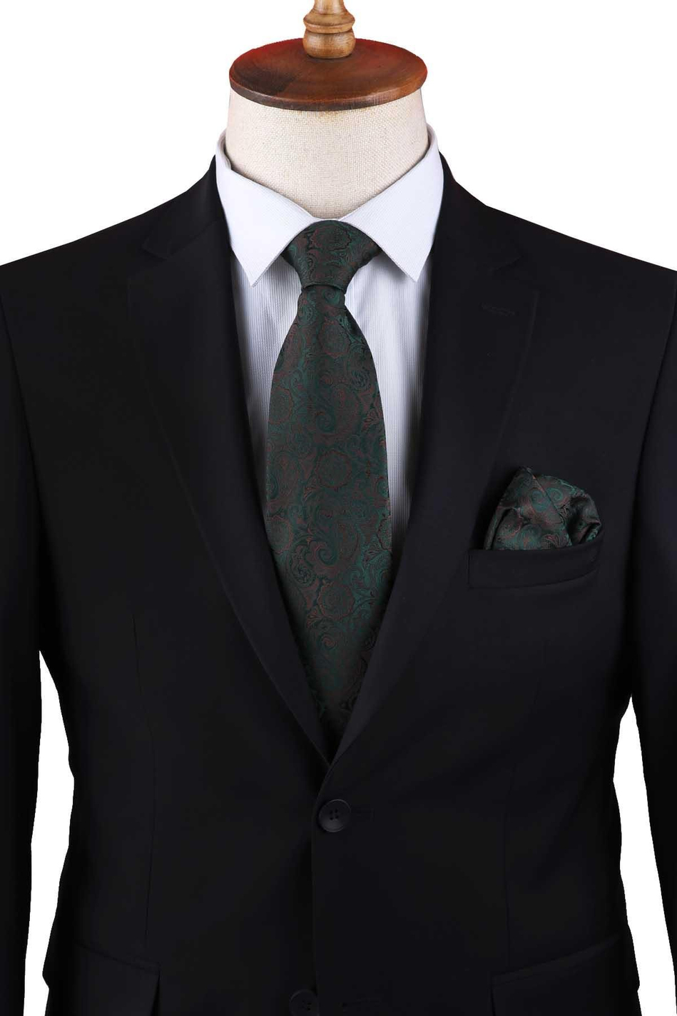 Yeşil - Kahve Şal Desen Mendilli Klasik Kravat KK13302