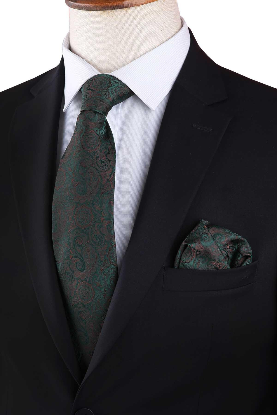 Yeşil - Kahve Şal Desen Mendilli Klasik Kravat KK13302