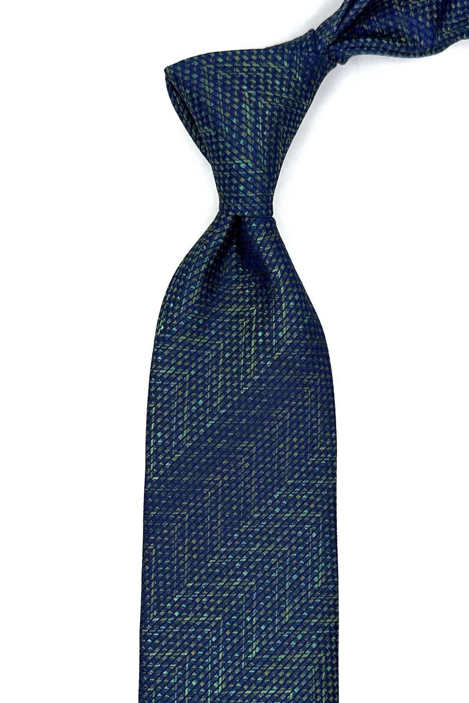 Yeşil - Lacivert Kum Desen Mendilli Klasik Kravat KK12936