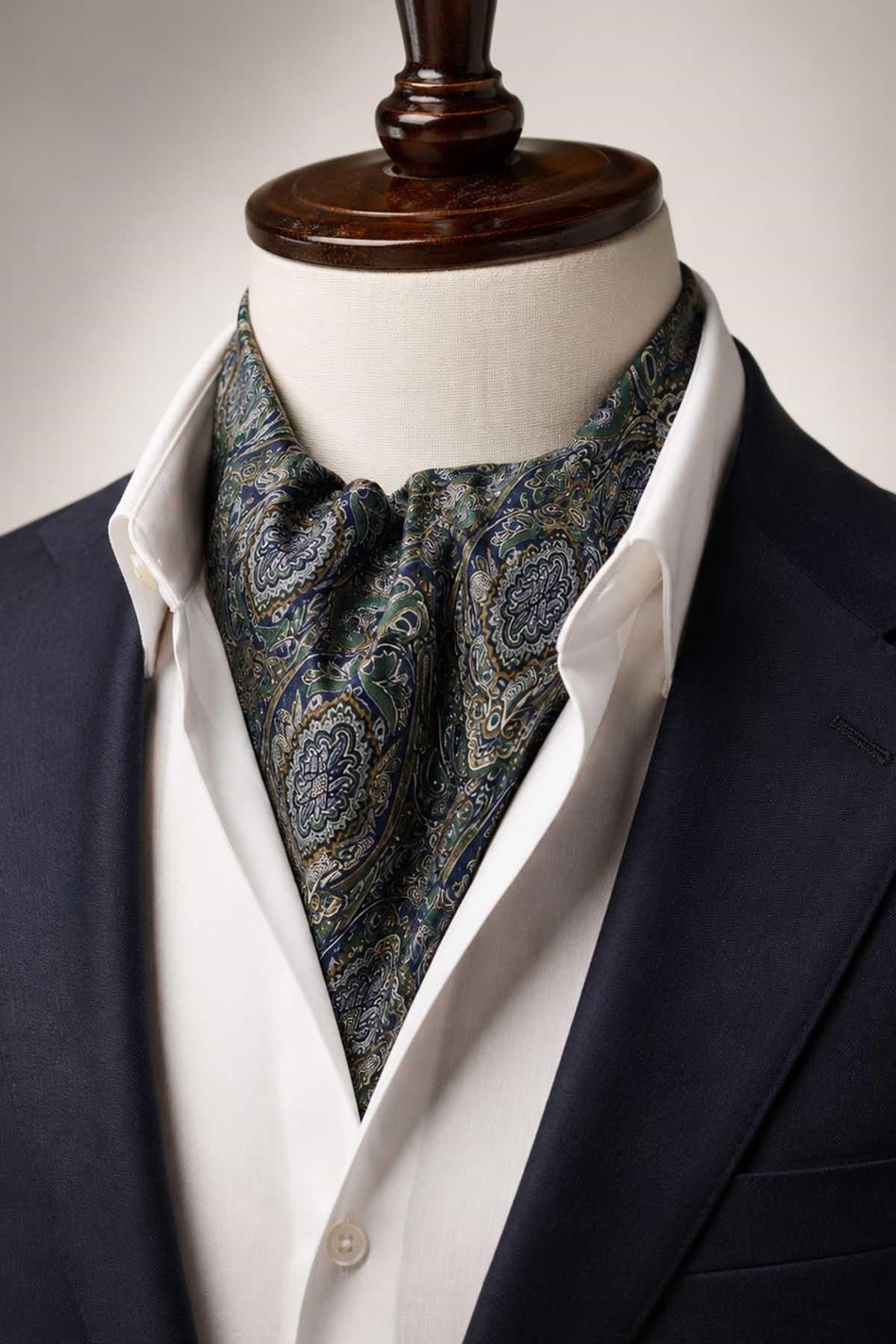 Yeşil Lacivert Şal Desen İtalyan İpek Ascot Kravat SAC149