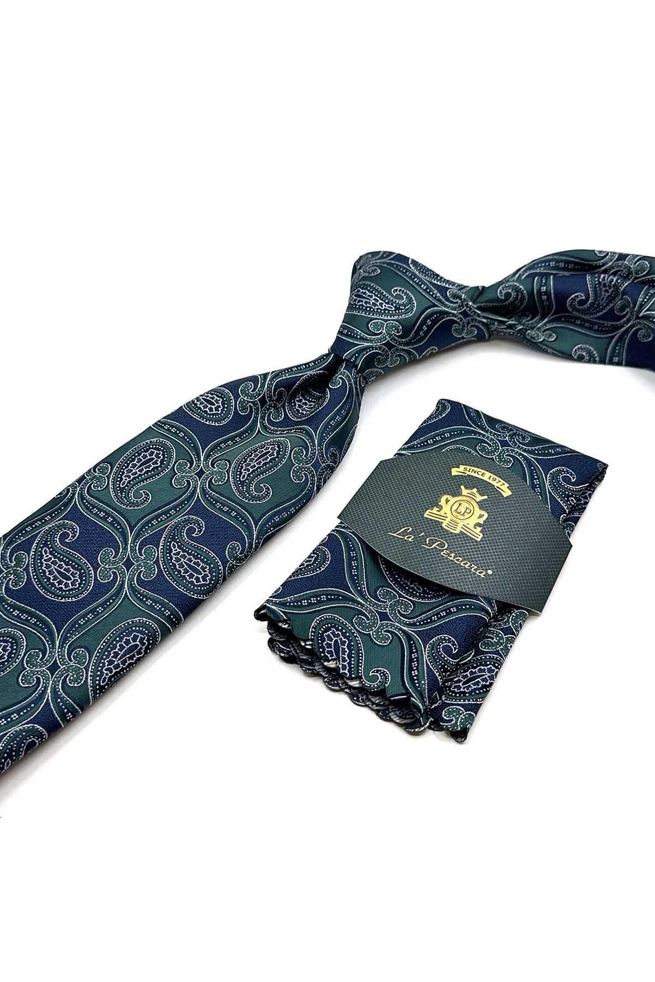 Yeşil - Lacivert Şal Desen Mendilli Klasik Kravat KK12888