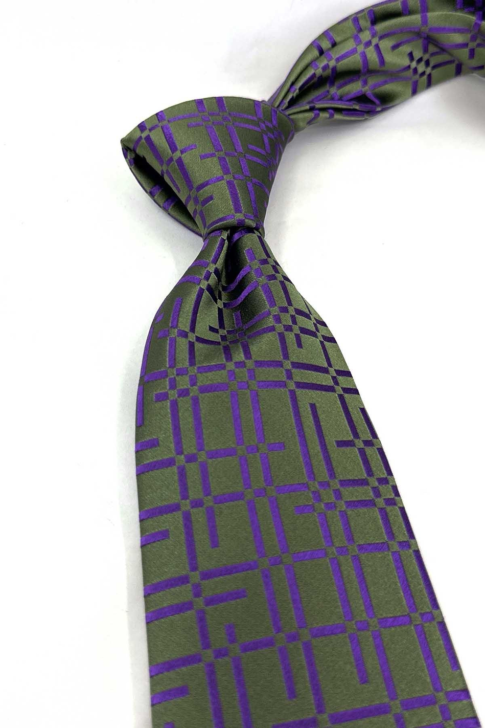 Yeşil Mor Motif Desen İtalyan İpek Kravat İK2607