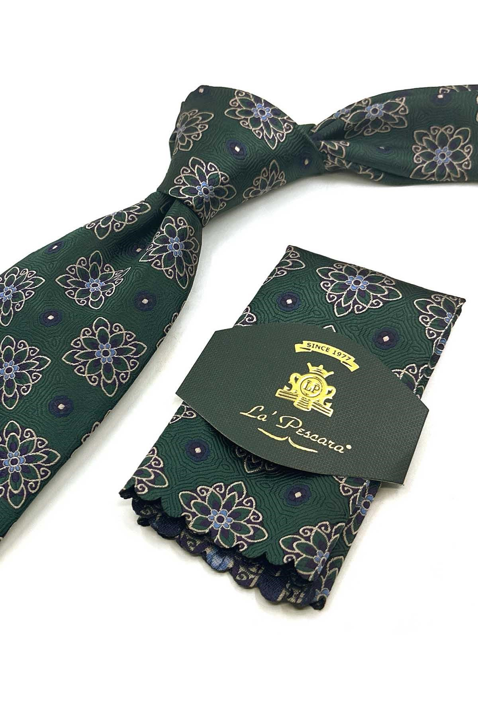 Yeşil Motif Desen Mendilli Klasik Kravat KK13740