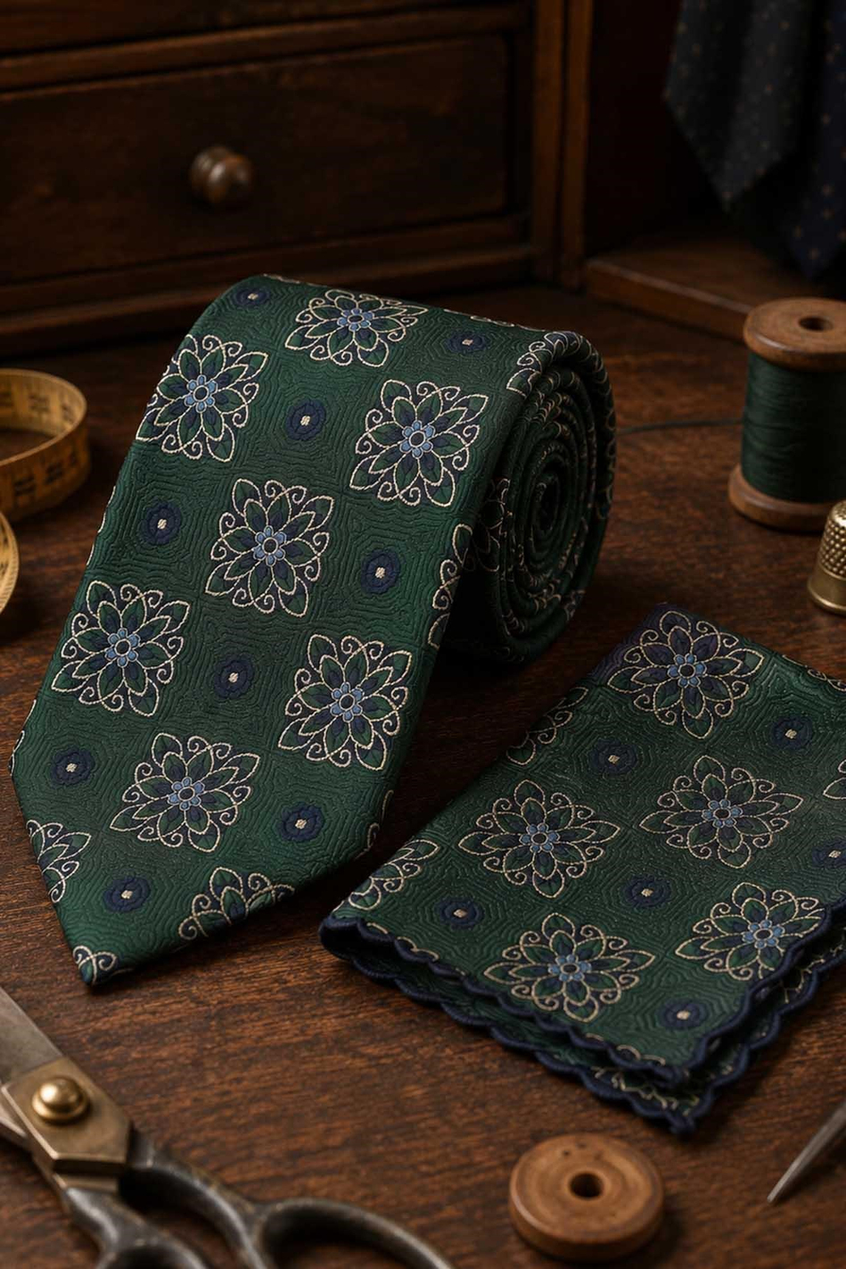 Yeşil Motif Desen Mendilli Klasik Kravat KK13740