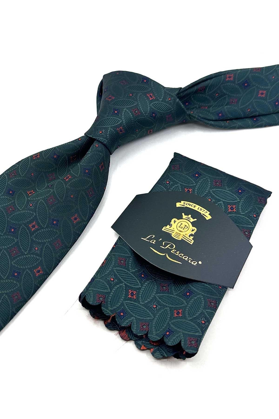Yeşil Motif Desen Mendilli Klasik Kravat KK13984