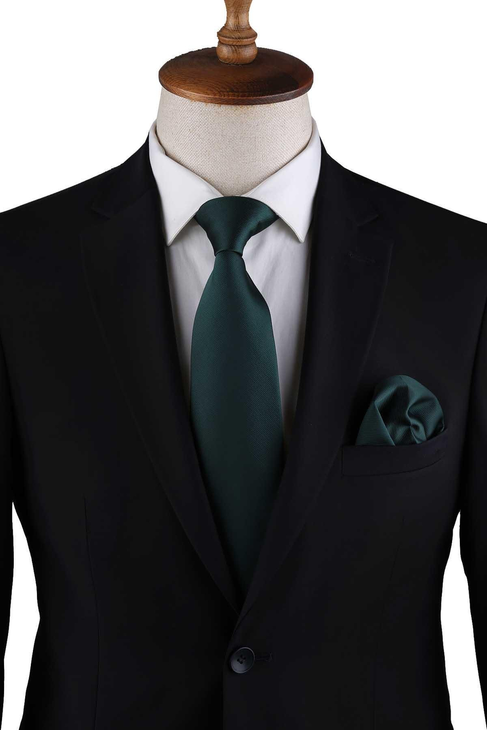 Yeşil Reps Dokulu Düz Mendilli Klasik Kravat KK13181