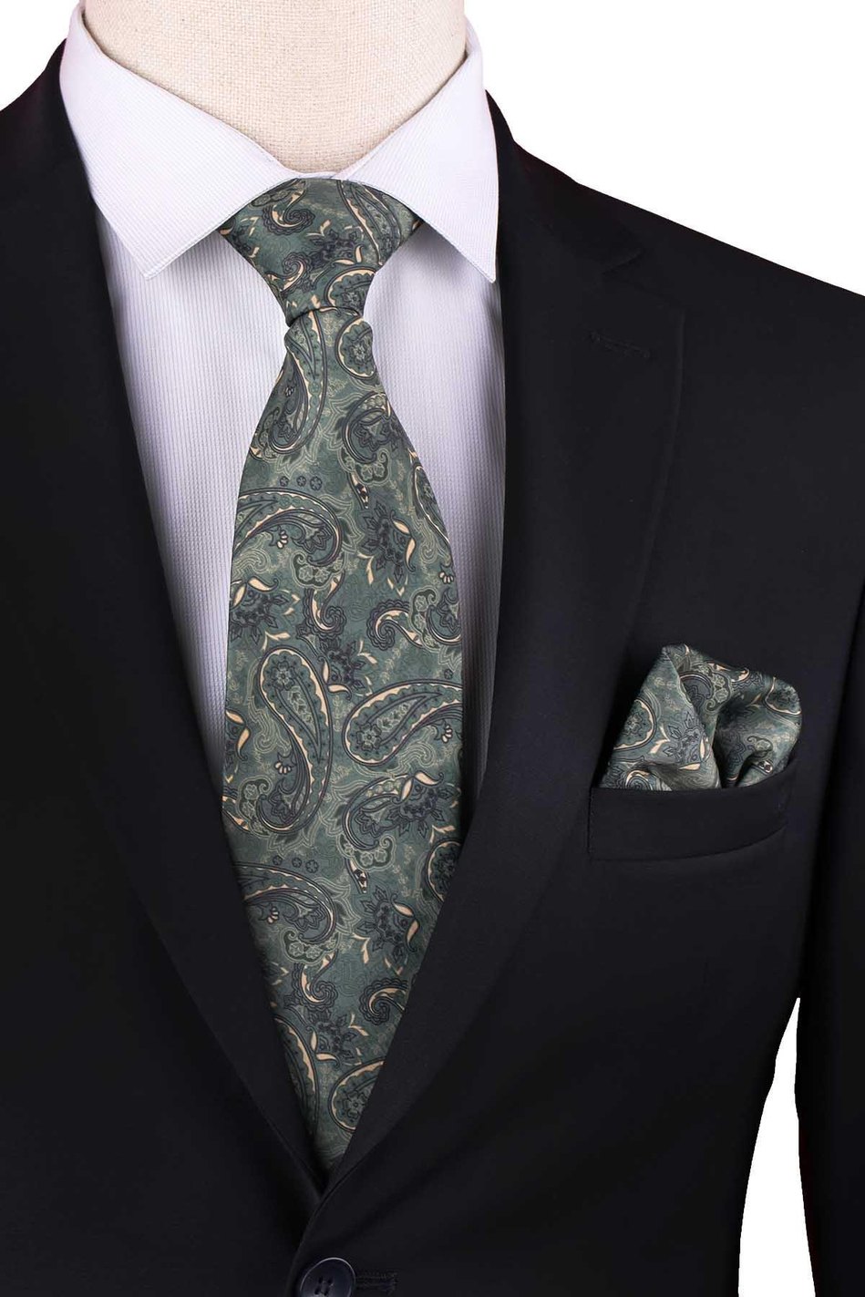 Yeşil Şal Desen Baskılı Mendilli Klasik Kravat KK13344