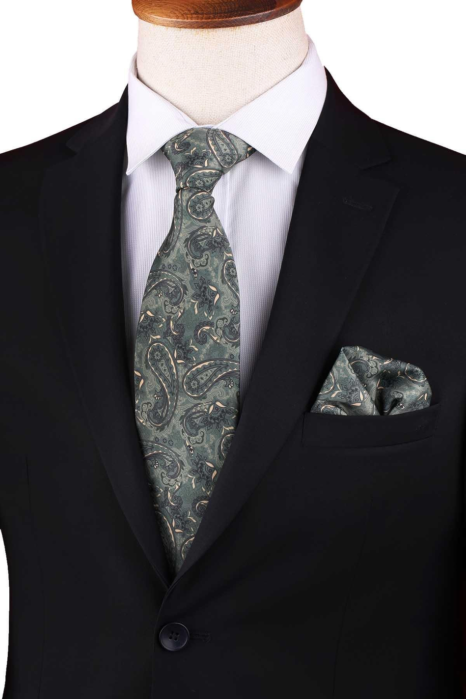 Yeşil Şal Desen Baskılı Mendilli Klasik Kravat KK13344