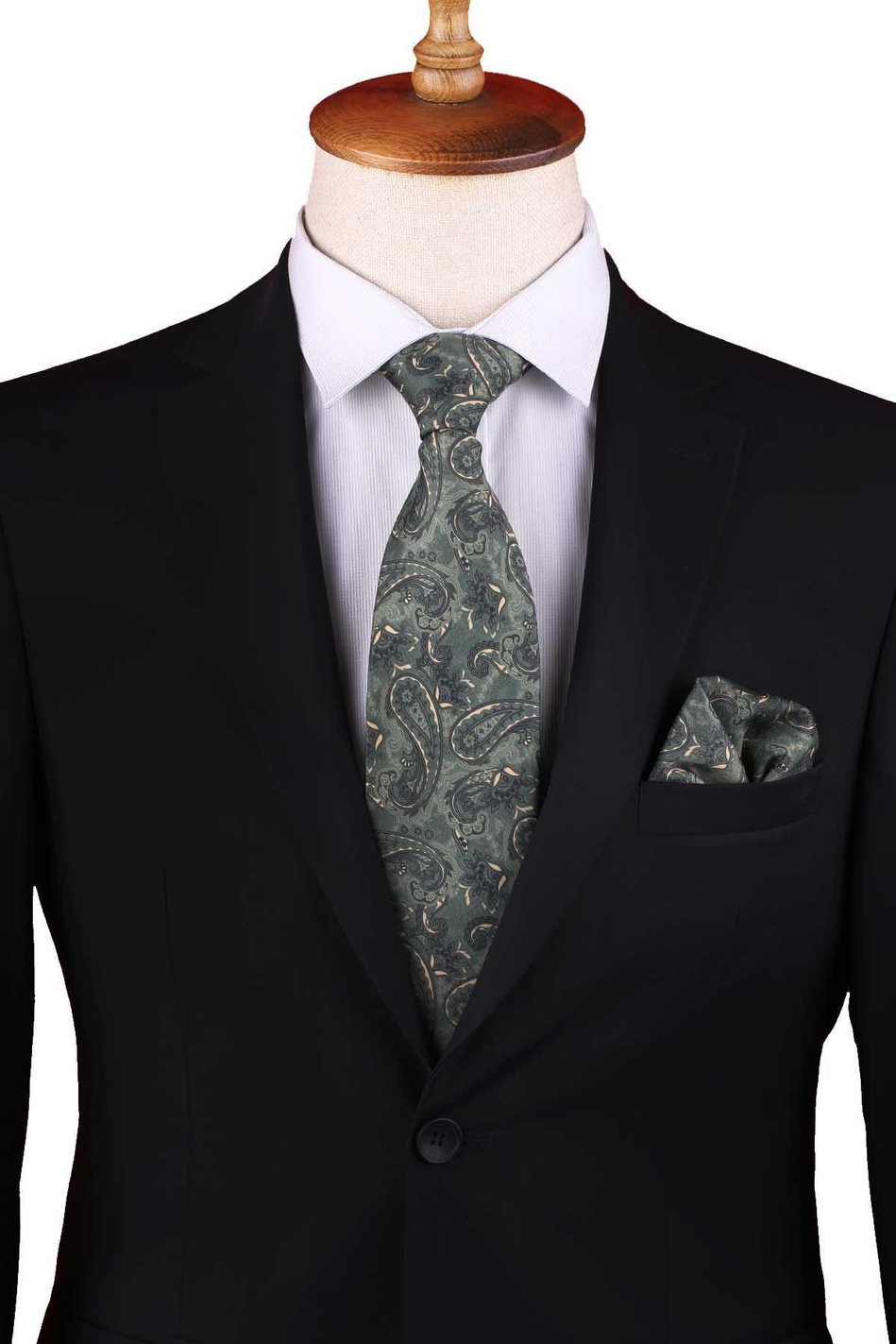 Yeşil Şal Desen Baskılı Mendilli Klasik Kravat KK13344