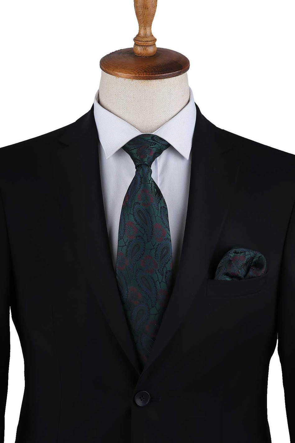 Yeşil Şal Desen Mendilli Klasik Kravat KK13126