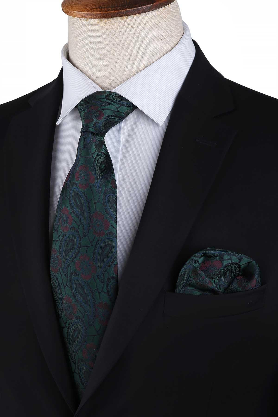 Yeşil Şal Desen Mendilli Klasik Kravat KK13126