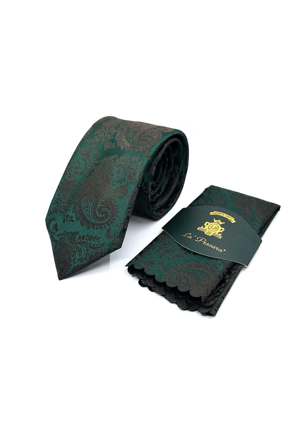 Yeşil Şal Desen Mendilli Klasik Kravat KK13126
