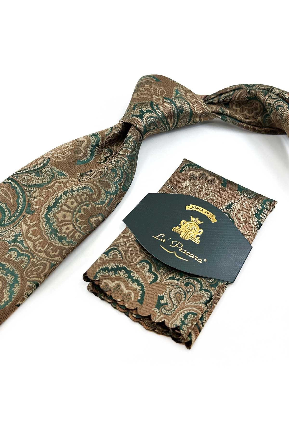 Yeşil Şal Desen Mendilli Klasik Kravat KK13120