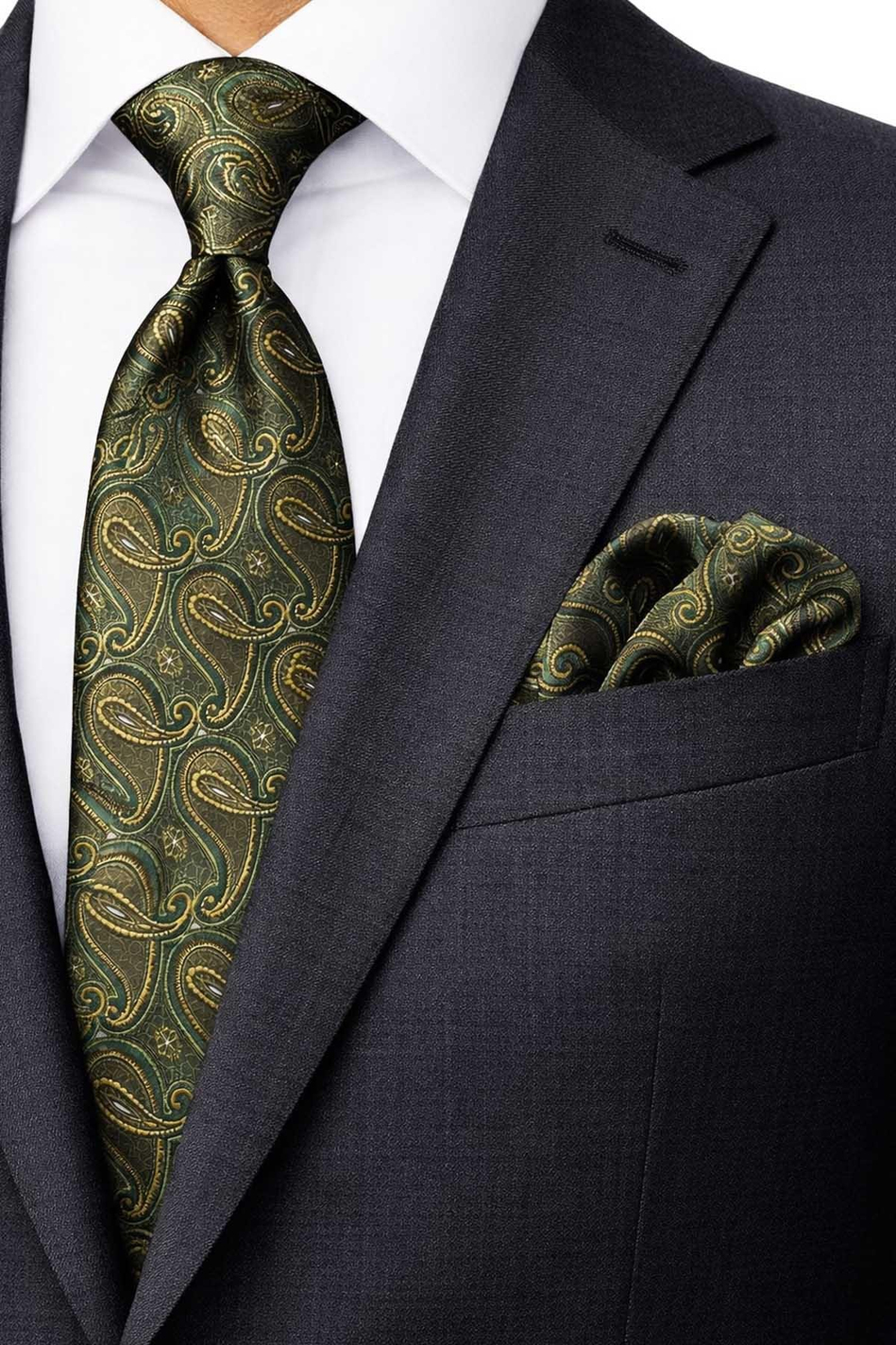 Yeşil Şal Desen Mendilli Klasik Kravat KK13120