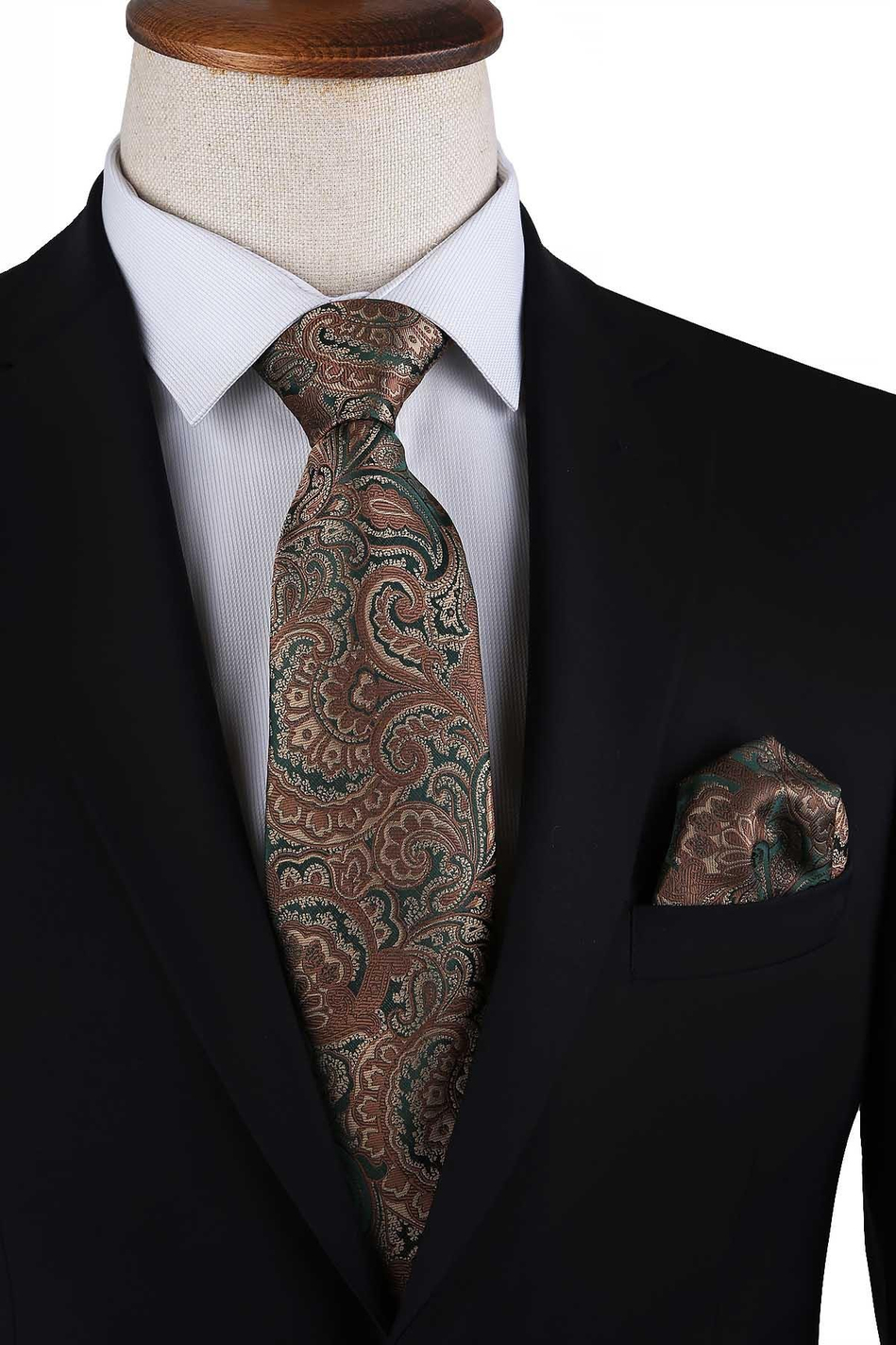 Yeşil Şal Desen Mendilli Klasik Kravat KK13120