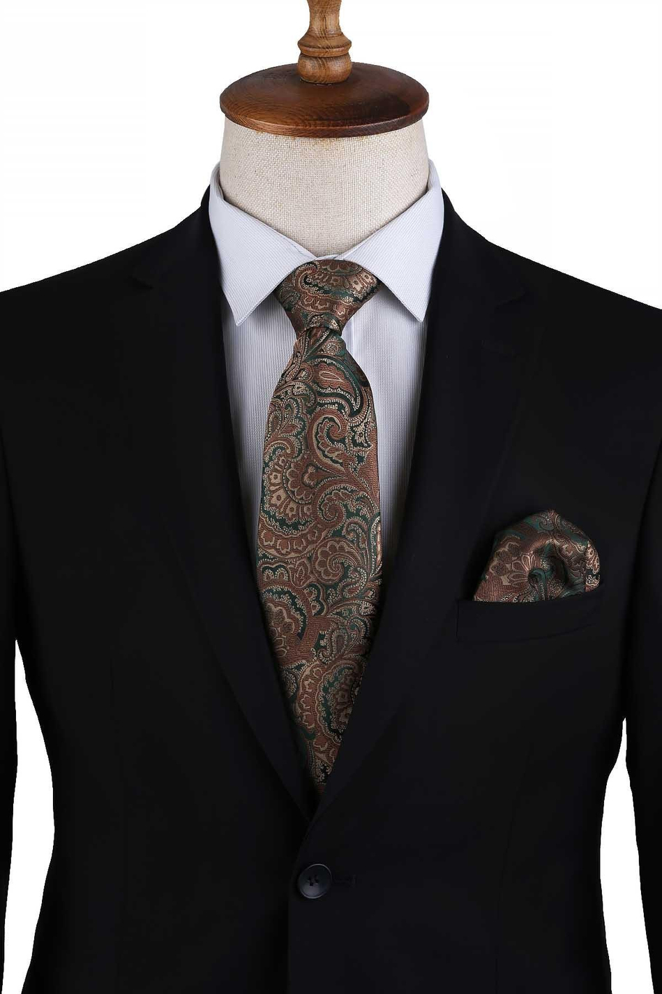 Yeşil Şal Desen Mendilli Klasik Kravat KK13120