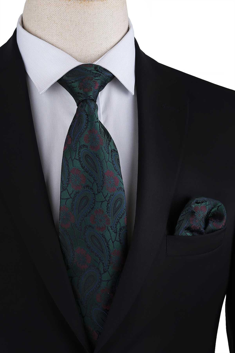 Yeşil Şal Desen Mendilli Klasik Kravat KK13126