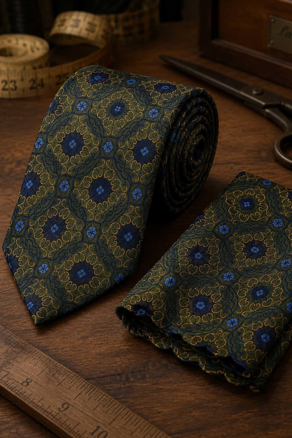 Yeşil Sarı Motif Desen Mendilli Klasik Kravat KK13759