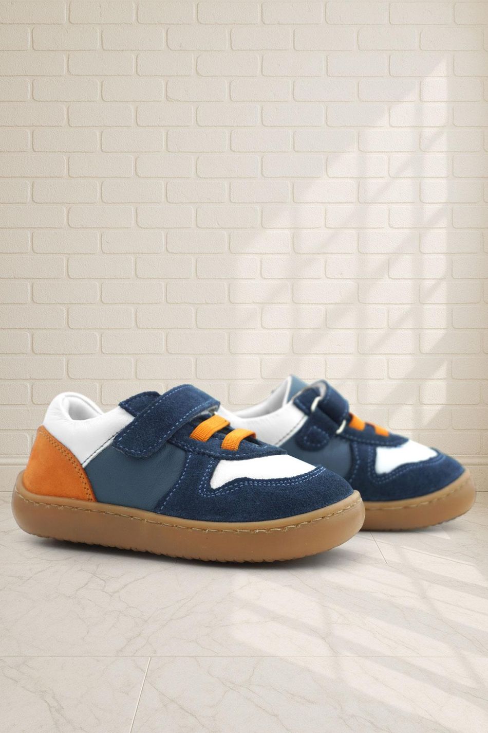 Rakerplus Bob Hakiki Deri Lacivert Beyaz Barefoot Cırtlı Lastikli Bebek Sneaker Ayakkabı R840-LBETU.25
