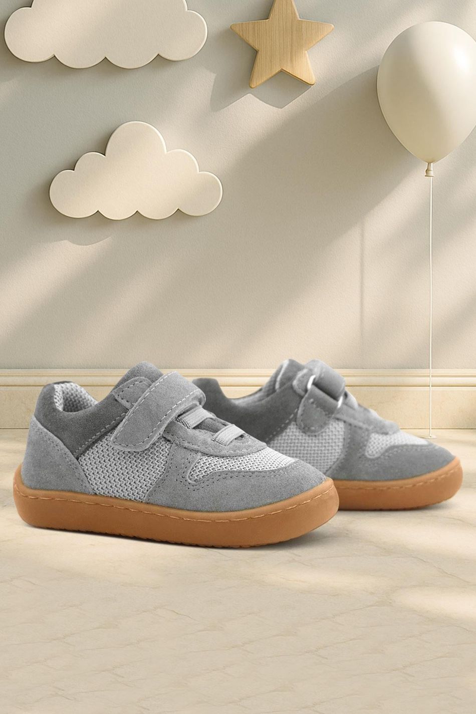Rakerplus Bob Hakiki Deri Gri Barefoot Cırtlı Lastikli Bebek Sneaker Ayakkabı