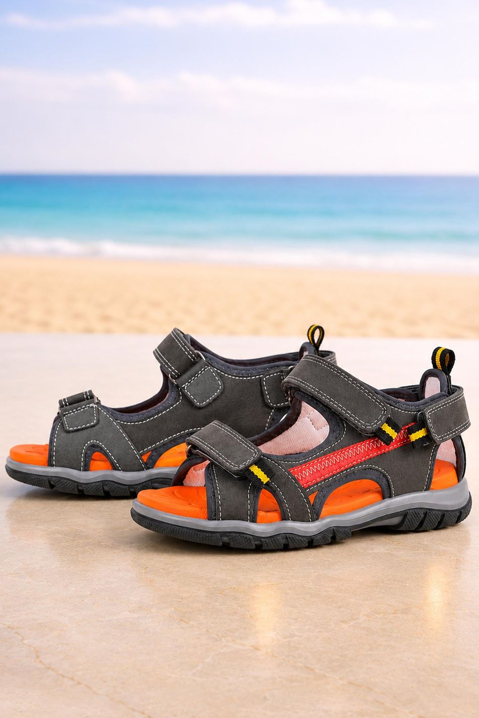 Hakiki Deri Gri Cırtlı Erkek Çocuk Outdoor Sandalet