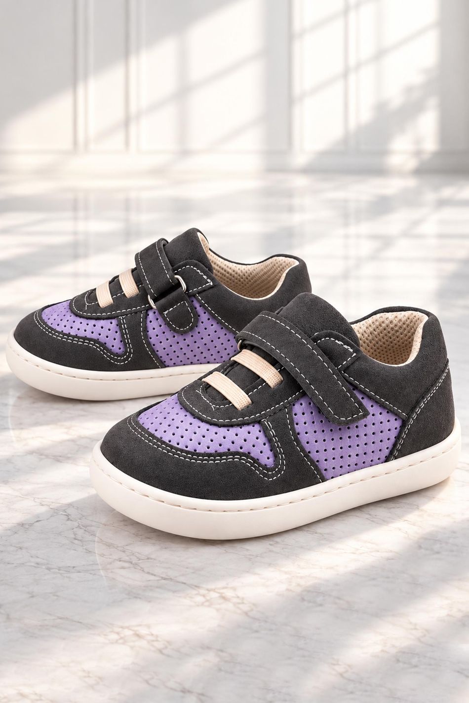 Rakerplus Bob Hakiki Deri Gri Mor Barefoot Cırtlı Lastikli Bebek Sneaker Ayakkabı