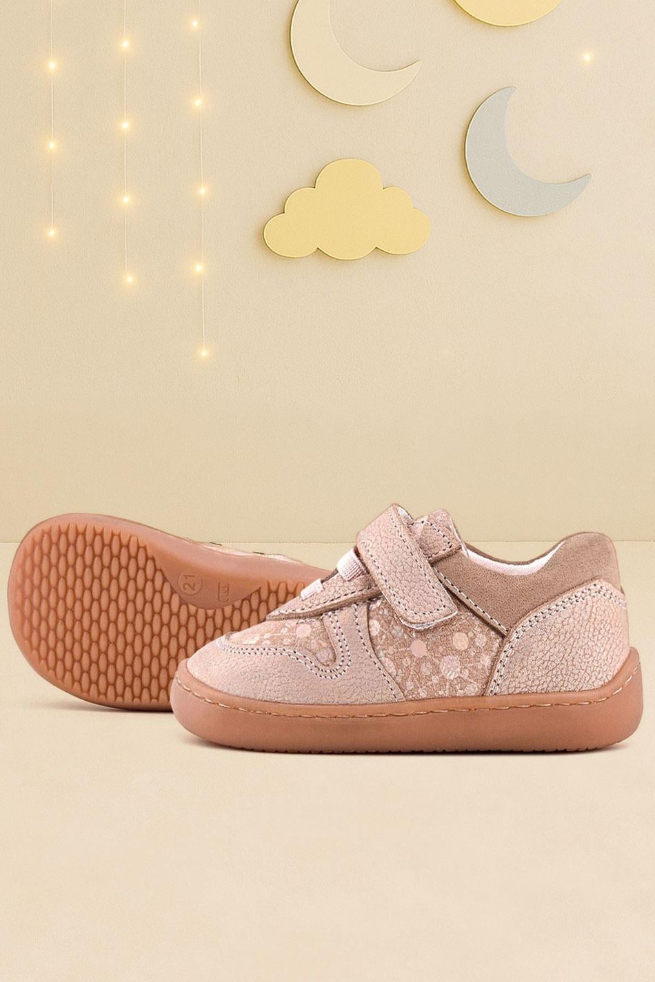 Rakerplus Bob Hakiki Deri Pudra Simli Barefoot Cırtlı Lastikli Bebek Sneaker Ayakkabı