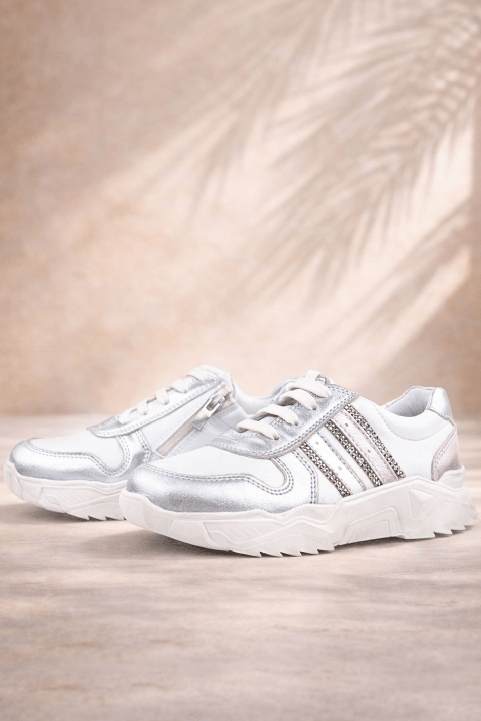 Rakerplus Hakiki Deri Gümüş Pembe Parlak Taşlı Kız Çocuk Sneakers Ayakkabı