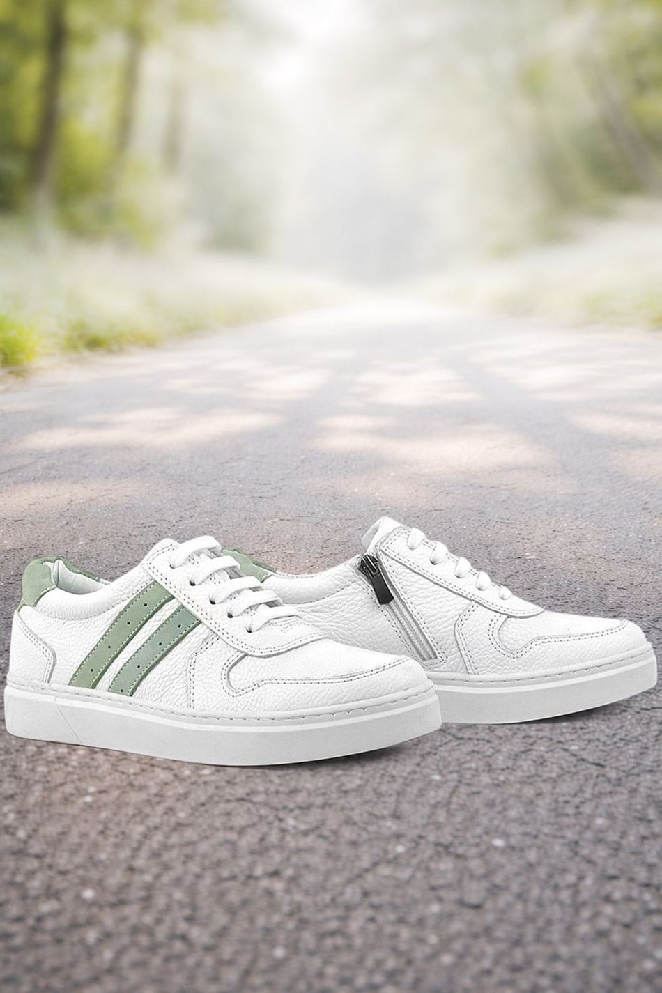 Rakerplus Hakiki Deri Beyaz Yeşil Bağcıklı Fermuarlı Çocuk Sneaker