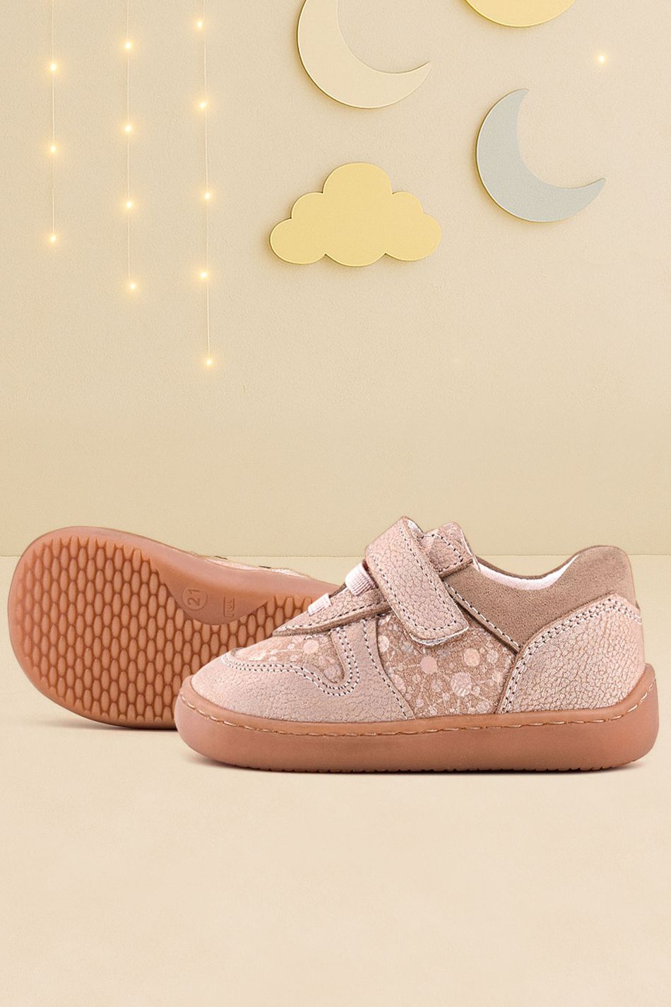 Rakerplus Bob Hakiki Deri Pudra Simli Barefoot Cırtlı Lastikli Bebek Sneaker Ayakkabı