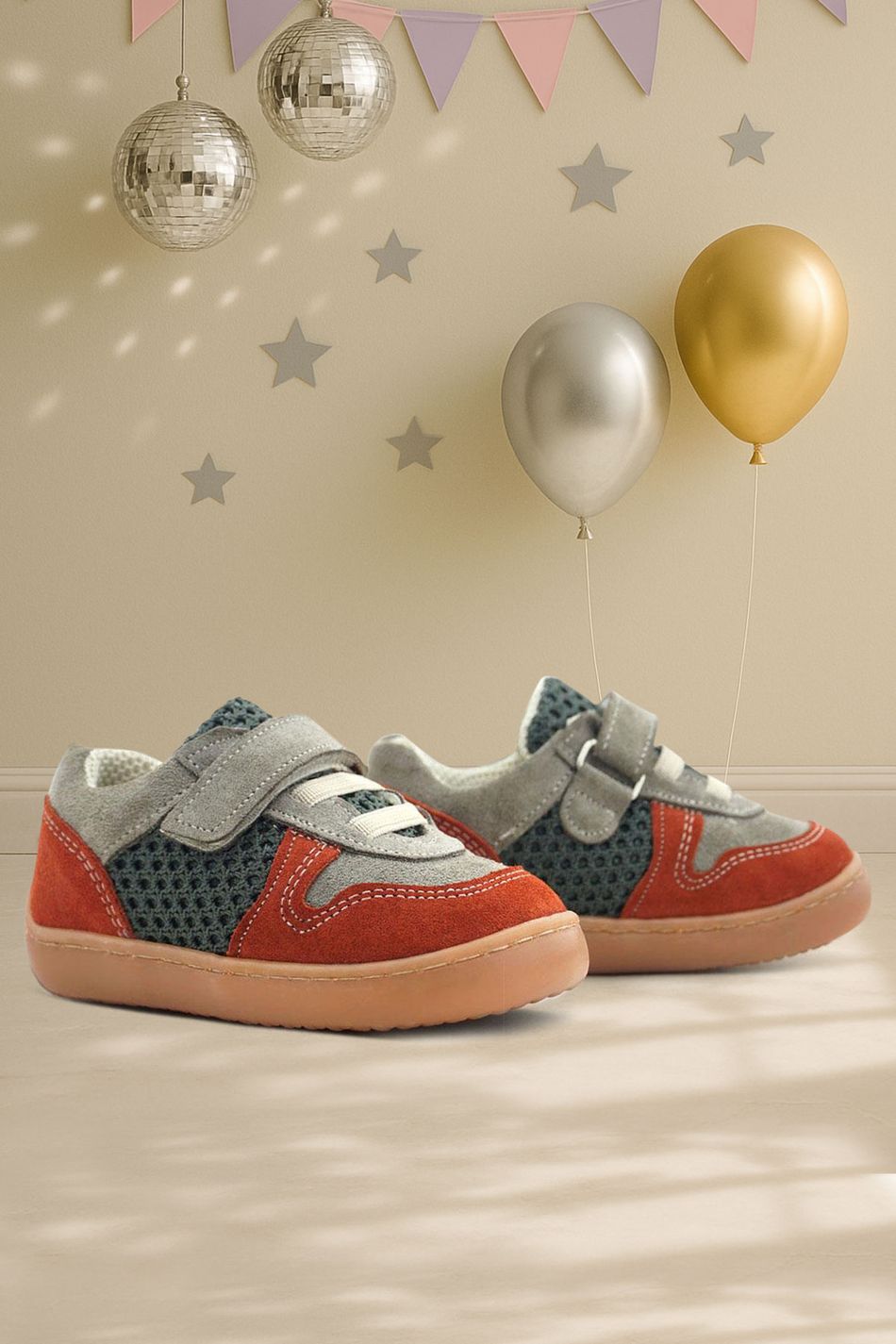 Rakerplus Bob Hakiki Deri Gri Yeşil Barefoot Cırtlı Lastikli Bebek Sneaker Ayakkabı