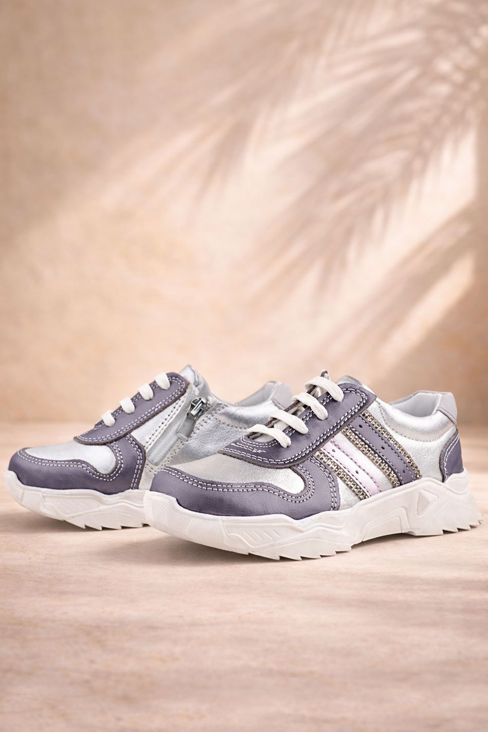 Rakerplus Hakiki Deri Platin Pembe Parlak Taşlı Kız Çocuk Sneakers Ayakkabı