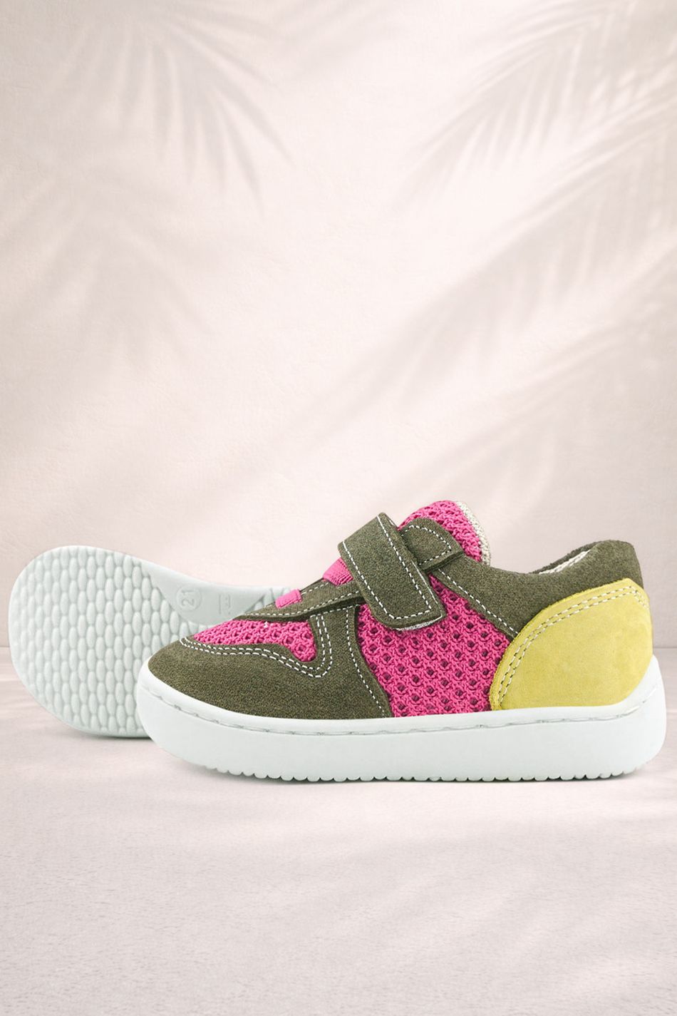 Rakerplus Bob Hakiki Deri Haki Yeşil Pembe Barefoot Cırtlı Lastikli Bebek Sneaker Ayakkabı