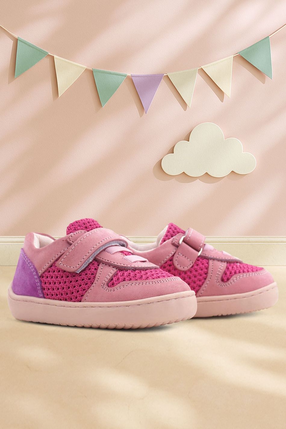 Rakerplus Bob Hakiki Deri Pembe Mor Barefoot Cırtlı Lastikli Bebek Sneaker Ayakkabı