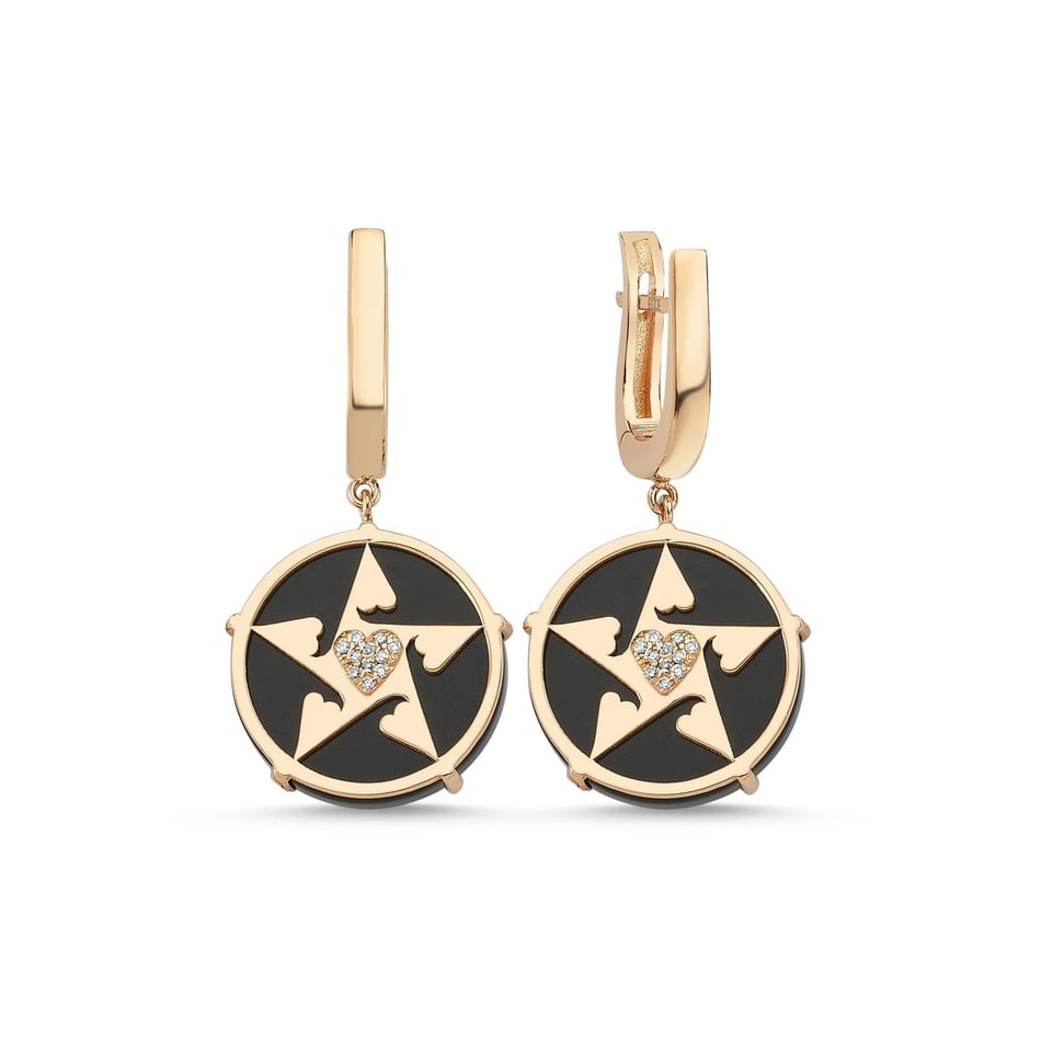 Happy Star Kalpli Pırlantalı Doğal Taşlı Altın Küpe