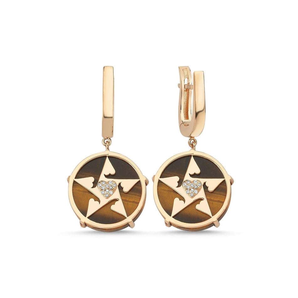 Happy Star Kalpli Pırlantalı Doğal Taşlı Altın Küpe